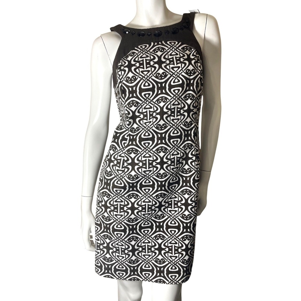 Ann Taylor Brown & White Dress 6P Geometric Pattern Sleeveless  Jewel Accents M